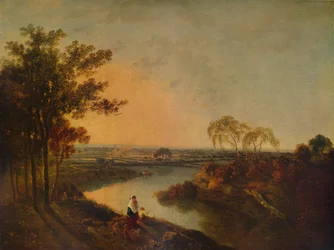 Englantilainen joki auringonlaskun aikaan, kaukaisuudessa Walesin kukkulat, c1760, 1938