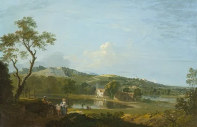 Laaja maisema mökeillä lähellä järveä, noin 1744-1745 (öljy kankaalle)