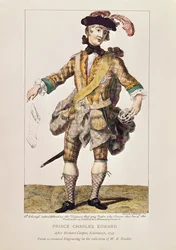 Satiirinen printti "Wanted Poster" -julisteen muodossa prinssi Charles Edward Stuartille, 1745 (värillinen kaiverrus)