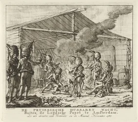 Preussin husaarit odottamassa Leidse Poortissa Amsterdamissa, 1787 Preussin husaarit odottavat, Leijdsche Poortin ulkopuolella Amsterdamissa (...) (otsikko esineessä)