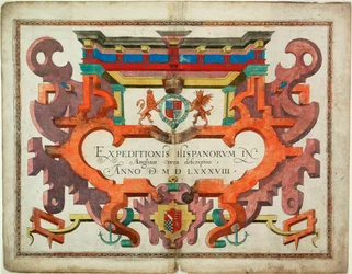 Otsikkosivu teokseen "Expeditionis Hispanorum in Angliam vera descriptio anno domini MDLXXXVIII".