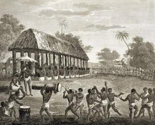 Uhreja uhrattavaksi, laatta 130 Archibald Dalzelin teoksesta "The History of Dahomey", jonka on kaiverruttanut Francis Chesham (1749-1806) pub. 1793 (kaiverrus)