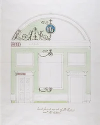 Suunnittelu ruokasalin päätyseinään, Headfort House (kynä ja musta muste grafiitin päällä wc:llä paperille)