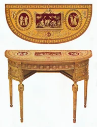 Yksi Adam-sivupöydän parista, kansi maalattu Pergolesin tapaan, 1700-luku
