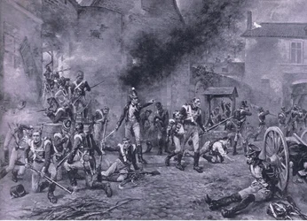Hougoumontin puolustus 18. kesäkuuta 1815, kuva brittiläisistä taisteluista maalla ja merellä, 1915
