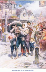 Christian lähtee pyhiinvaellusmatkalleen John F Shaw & Co:n julkaisemasta The Pilgrims Progressista, noin 1900-luvulla (värilitho)