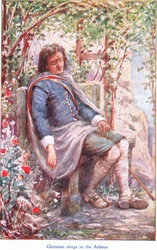 Christian nukkuu lehtimajassa, John F Shaw & Co:n julkaisemasta The Pilgrims Progressista, n. 1900-luku (värilitho)