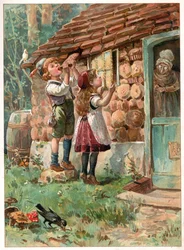Hansel ja Kerttu, kuvitus "Once Upon a Time", kustantaja Ernest Mister, n. 1900 (värilitho)