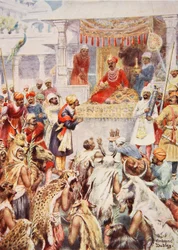 Khan Jahan näyttää Akbarille hänen ruhtinaallisia vankejaan, kuva Hutchinsonin kansojen historiasta, n. 1910 (värilitho)