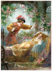 Prinssi löytää Prinsessan, kuvitus "Once Upon a Time", jonka on julkaissut Ernest Mister, n. 1900 (väri litho)
