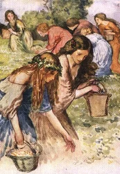 Joen varrella on niitty, nymfiparvi, jota satuin vakoilemaan, Palgraven kultaisesta aarrekammiosta, julkaistu 1907 (värilitho)