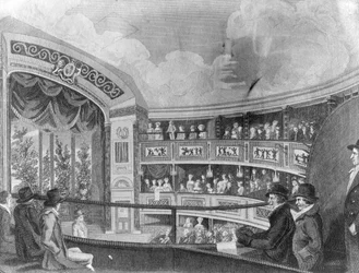 Drury Lanen lähellä sijaitsevan Olympic-teatterin sisätilat, kaiverrettu Henry Richard Cookin toimesta, 1816.