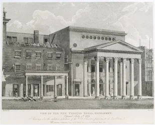 Näkymä New Theatre Royalista, Haymarket, avattiin 4. heinäkuuta 1821, jossa näkyy myös vanhan teatterin suhteellinen tilanne ennen sen purkamista, kaiverrus Dale, 1822