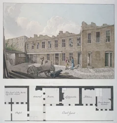 Ludgaten vankila, jonka alla on suunnitelma London Workhousesta, Bishopsgate, Lontoon kaupunki, 1818