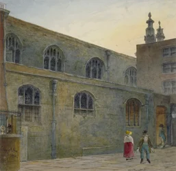 Guildhallin kappelin pohjoispuoli, joka näyttää sisäänkäynnin Cutthroat Alleylle, Lontoon City, 1820