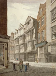 Lounaisnäkymä vanhasta puurunkoisesta talosta Ship Yardissa, Westminster, Lontoo, 1815