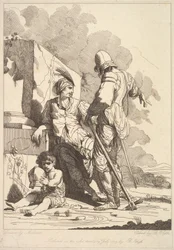 Kaksi sotilasta ja lapsi kypärää kädessään, 19. heinäkuuta 1779.