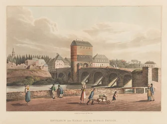Sisäänkäynti Hanauhun Kinzigin sillan yli, 1814 (akvatinta)