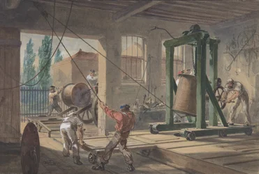 Guttaperkkapäällysteisen johtavan langan rullat kuljetettu tankkeihin tehtaalla..., 1865-66.