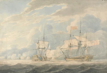 Hollannin vara-amiraali amiraali De Winterin johdolla lyömässä lippuaan amiraali Duncanin johtamalle englantilaiselle vara-amiraalille Onslowille Camperdownin taistelussa 11. lokakuuta 1797