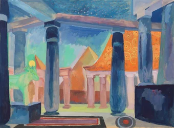 Lavastus Cleopatralle, n. 1918 (akvarelli, guassi, metalliväri ja grafiitti paperille)