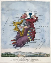 Maantiede lumoi! tai Irlannin karikatyyrikartta. Tämä Lady Hibernia Bullin muotokuva on nöyrästi omistettu hänen aviomiehelleen, suurelle herra John Bullille. [noin 1796]