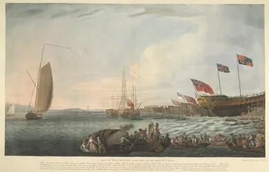 Näkymä Blackwallista, osa telakalla, Bombayn linnan laukaisuhetkellä, 74 tykkiä, rakennettu Honkonen kustannuksella. East India Company ja esittivät sen Hänen Majesteettilleen kesäkuussa 1782