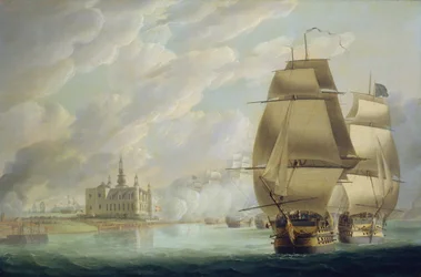 Nelson väkisin salmen läpi, 30. maaliskuuta 1801, ennen Kööpenhaminan taistelua.