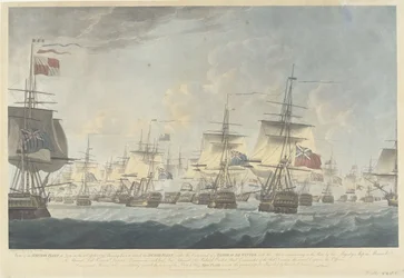 Kamperduinin taistelu (1797): Britannian laivaston hyökkäys Näkymä Britannian laivastosta keskipäivällä 11. lokakuuta 1797, laskeutumassa hyökkäämään Alankomaiden laivastoa vastaan ​​(...) (otsikko esineessä)