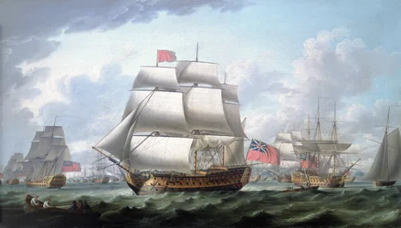 Victory lähdössä Spitheadista (Englanti), päässään punainen lippu ja Rougesin vara-amiraalin lippu, oikealla kolmimastoinen Queen Charlotte -alukseksi tunnistettu alus