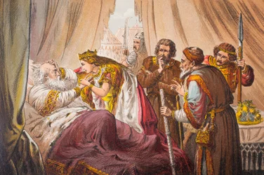 Cordelia puhuu Kuningas Learissa, näytöksen IV kohtaus VII, "Sir, tunnetteko minut", teoksesta "The Illustrated Library Shakespeare", julkaistu Lontoossa 1890 (litografia).