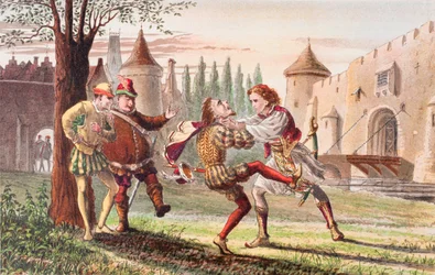 Sebastian puhuu kahdestoista yö, näytös IV, kohtaus I, "Miksi! Tuossa on sinulle! Ja siellä! Ja siellä!", teoksesta "The Illustrated Library Shakespeare", julkaistu Lontoossa 1890 (värilitografia).