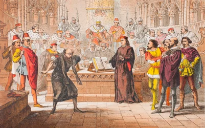 Shylock puhuu Venetsian kauppias -teoksen IV näytöksen I kohtauksessa: "Onko tuo laki", teoksesta "The Illustrated Library Shakespeare", julkaistu Lontoossa 1890 (värilitografia).