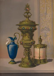 Hopeakullattu ja jalokivimaljakko, posliinimaljakko, sikariarkku, 1863
