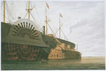 Vanha fregatti HMS Agamemnon kaapelipainoineen SS Great Easternin vieressä, William Howard Russellin vuonna 1866 julkaisemasta "The Atlantic Telegraph" -teoksesta (värilitrokuva) (ks. myös 192775-780).