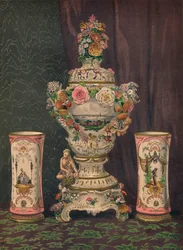 Dresdenin posliinimaljakko ja posliinidekantterilasi, 1863.