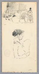 Piirros, Kohtaus, jossa on aasi ja kaksi hahmoa; nainen pitelee viuhkaa, 1882