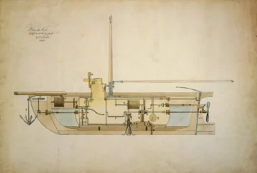 Alkuperäinen piirustus Nautiluksesta, ensimmäisestä vedenalaisesta veneestä (sukellusveneestä), jonka sen keksijä Robert Fulton (1765-1815) esitteli Yhdysvaltain senaatille vuonna 1806.