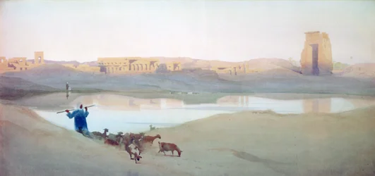 Pyhä järvi, Karnak", noin 1900. Akvarelli. Robert Talbot-Kelly (1861-1934) Englantilainen orientalistinen maisemamaalari. Egypti Maisema Vesi Rauniot Vuohipaimen