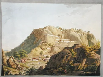 Lounaisnäkymä Ootra-Durgumista, kuvitus teoksesta "Twelve Views of Mysore, the Country of Tippoo Sultan", kaivertanut ja värittänyt J.W. Edy, julkaistu 1804 (värillinen akvatinta)