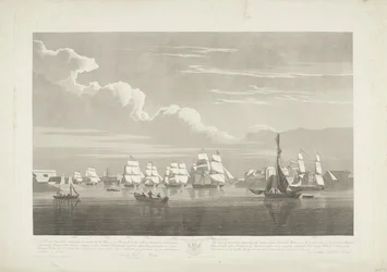 Kahdentoista hollantilaisen kauppa-aluksen lähtö Portsmouthin satamasta, 1833 (taulu 1) Tämä kolmen levyn sarja kuvaa 12 Nederlandsche Koopvaardy -laivan lähtöä Portsmouthin satamasta 2. kesäkuuta 1833 embargosta.