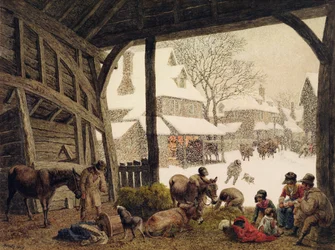 Kylän lumikohtaus, 1819 (wc, vartaloväri, raaputus grafiitin päälle)