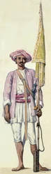 Tipu Sultanin armeijan intialainen sotilas (rakettimies) käyttää rakettia lipputankona, Madras