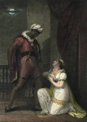 Othello ja Desdemona Venetsiassa. Kuvitus William Shakespearen "" Othellolle". 4. näytöksen kohtaus 2. Englantilainen kaiverrus vuodelta 1801, R.K Porter.