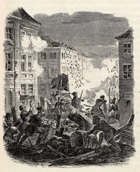 Barrikaaditaistelut Cöllnin kaupungintalolla Berliinissä yöllä 18.–19. maaliskuuta 1848.