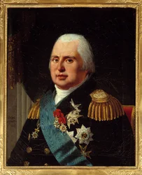 Ludvig XVIII:n (1755-1824), Ranskan kuninkaan muotokuva sotilasunivormussa Kunnialegioonan ja Pyhän Hengen ritarikunnan köyden kanssa. Robert Lefebvren (1755-1830) maalaus 1814 su. 0,73x0,6 m Pariisi, museo Carnavalet - Ludvig XVIII:n muotokuva