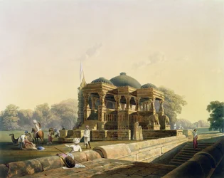 Muinainen temppeli Hulwudissa, kirjan "Scenery, Costumes and Architecture of India" I osasta, maalannut F. Witherington, kaivertanut G. Hunt ja värittänyt J. B. Hogarth, pub. kirjoittanut Ackermann, 1826 (akvatiini