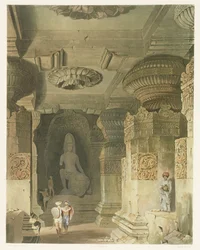 Indra Subban luolatemppelin sisustus Ellorassa, osasta II: Scenery, puvut ja Intian arkkitehtuuri, piirtänyt David Roberts (1796-1864), kaivertanut Thomas Kearnan (fl.1821-50) ja kaiverrus