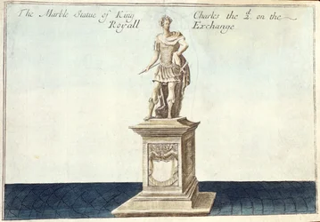 Kuningas Kaarle II:n (1630–1685) marmoripatsas kuninkaallisessa pörssissä, kirjasta "A Book of the Remarkable Places in and about the Remarkable Places in and about the London", n. 1700 (kaiverrus)