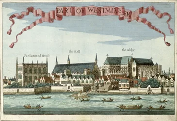 Westminster, jossa näkyy Abbey, Hall ja Parliament House, kirjasta "A Book of the Prospects of the Remarkable Places in and about the City of London", noin 1700.